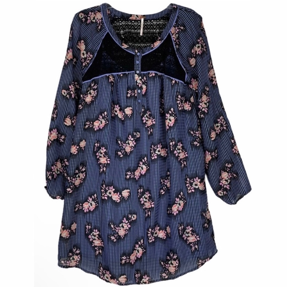 Free People Navy Floral Striped Lace Detail Sheath Dress Mini Dress